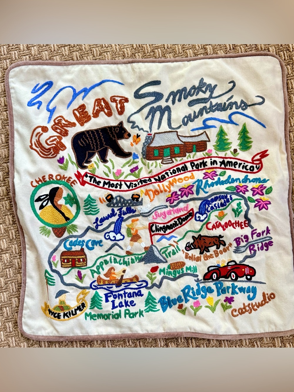 Catstudio hand embroidered Smoky Mountains Accent Pillow Cover - 20” square